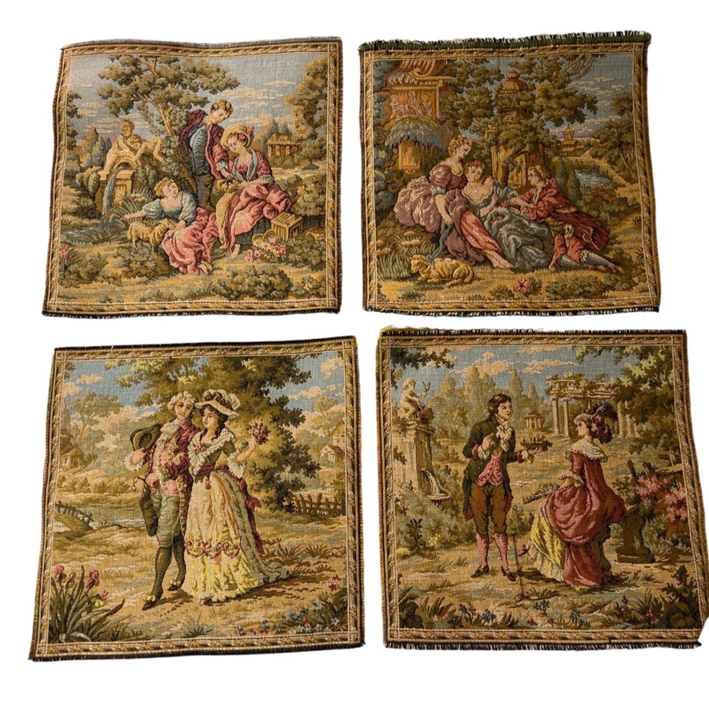 Vtg Baroque Rococo Pastoral Tapestry Swatch 10 x 10" France Mid Century set of 4